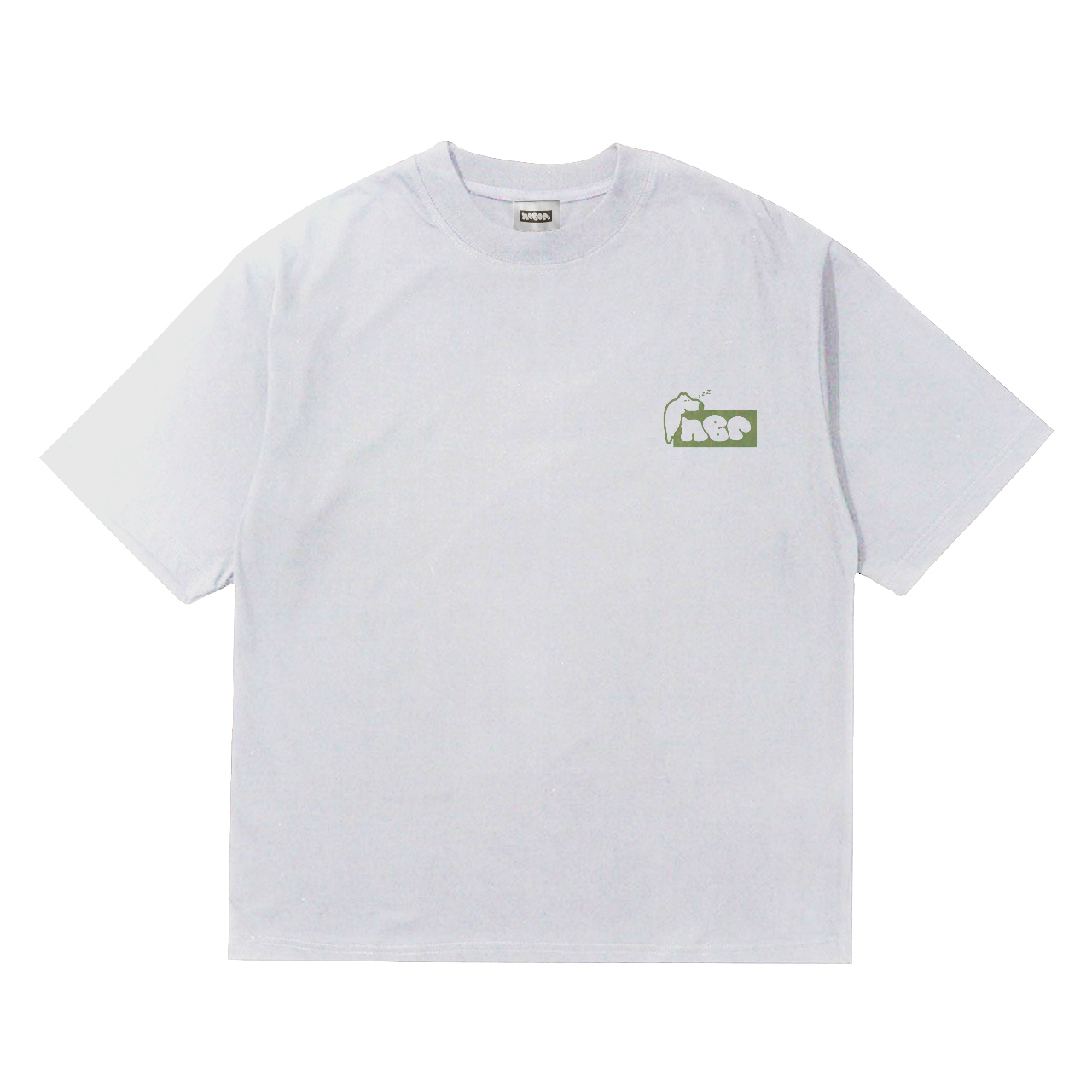 Front of nobori thick 230gsm cotton oversized tee shirt with Nobori Logo and dog sleeping ontop in green
