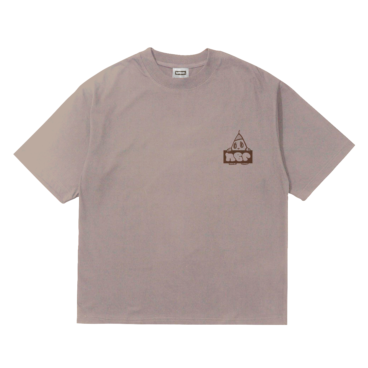 Front of oversized thick brown 230gsm cotton Nobori tee shirt with Nobori logo in dark brown