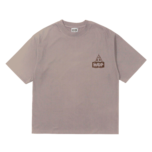 Front of oversized thick brown 230gsm cotton Nobori tee shirt with Nobori logo in dark brown