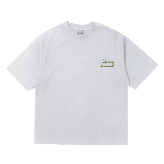 Front of nobori thick 230gsm cotton oversized tee shirt with Nobori Logo and dog sleeping ontop in green